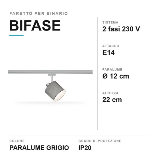 Faretto per binario bifase e14 orientabile con paralume in tessuto grigio