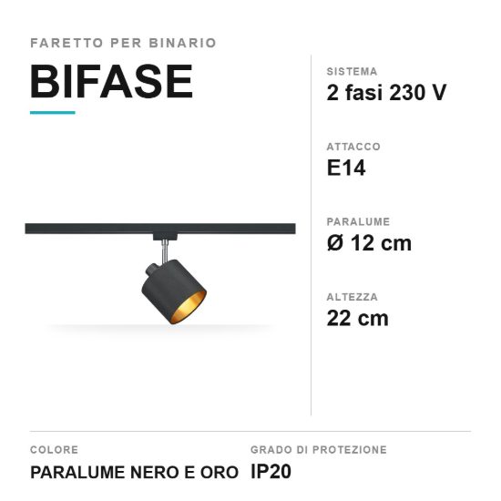 Faretto per binario bifase e14 orientabile con paralume in tessuto nero oro