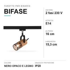 Faretto per binario bifase e14 orientabile nero con legno