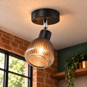 Faretto da soffitto per sala da pranzo orientabile moderno nero con vetro rigato cromato