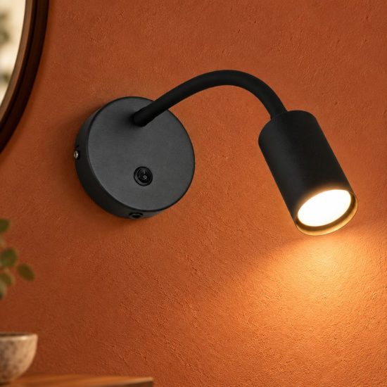 Applique per comodino camera da letto da lettura moderna nera con braccio flessibile interruttore