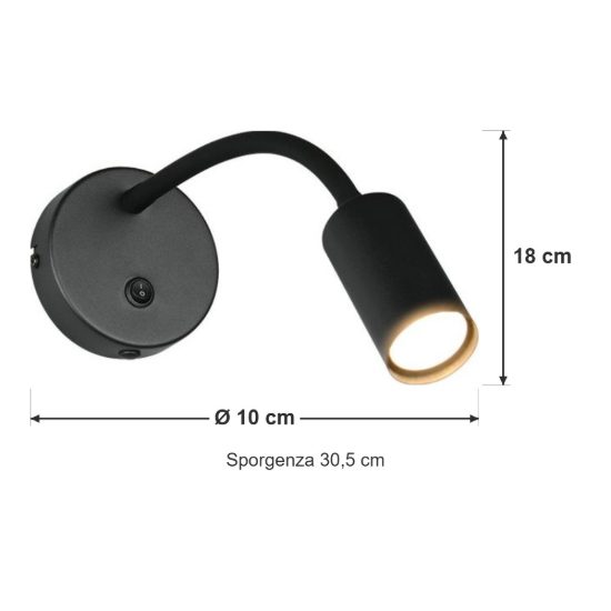 Applique per comodino camera da letto da lettura moderna nera con braccio flessibile interruttore