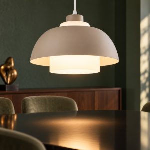 Lampadario a sospensione grande per sala da pranzo industriale beige caldo con vetro bianco