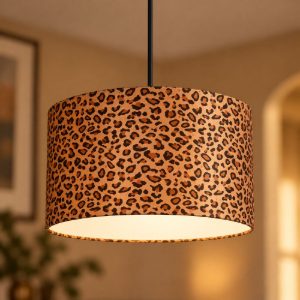 Lampadario a sospensione per sala da pranzo moderno nero con paralume in tessuto leopardato