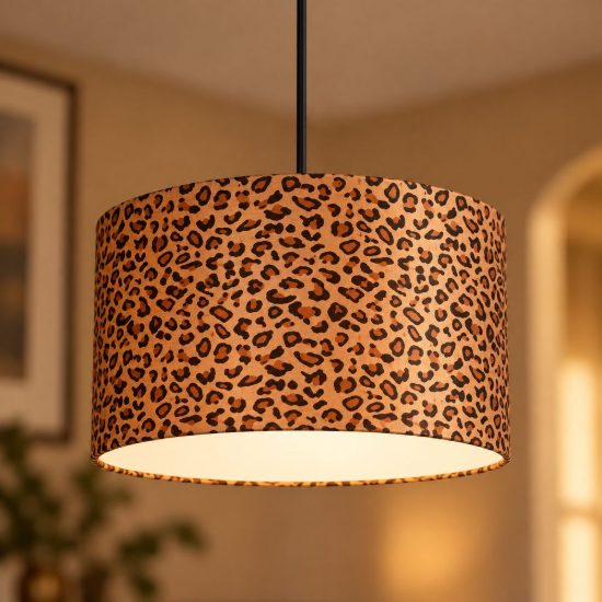 Lampadario a sospensione per sala da pranzo moderno nero con paralume in tessuto leopardato