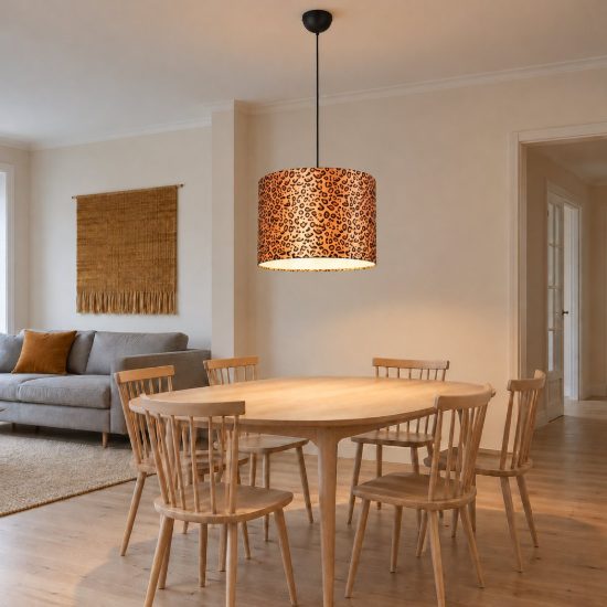 Lampadario a sospensione per sala da pranzo moderno nero con paralume in tessuto leopardato
