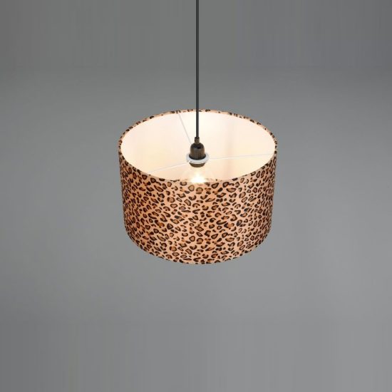 Lampadario a sospensione per sala da pranzo moderno nero con paralume in tessuto leopardato