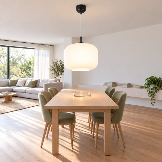 Lampada a sospensione per sala da pranzo moderna in vetro bianco con montatura nera