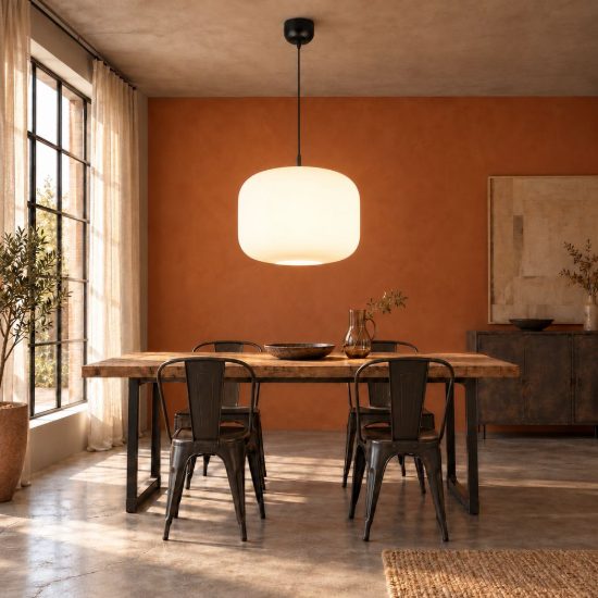 Lampadario a sospensione per sala da pranzo moderno in vetro bianco con montatura nera