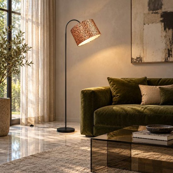 Piantana ad arco per soggiorno moderna nera con paralume in tessuto leopardato