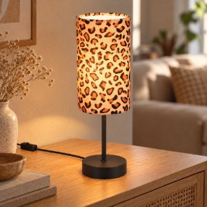 Lampada da tavolo per soggiorno moderna nera con paralume in tessuto leopardato