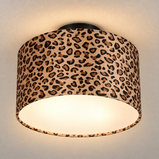 Plafoniera 2 luci moderna nera con paralume in tessuto leopardato