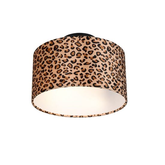 Plafoniera 2 luci moderna nera con paralume in tessuto leopardato