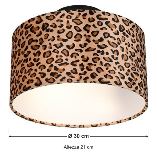 Plafoniera 2 luci moderna nera con paralume in tessuto leopardato
