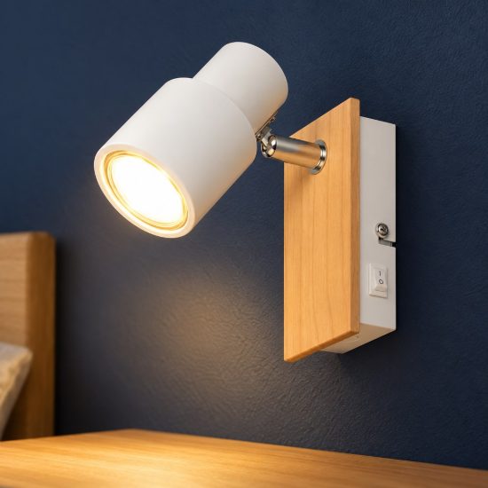 Applique per comodino camera da letto orientabile bianca opaca legno naturale con interruttore