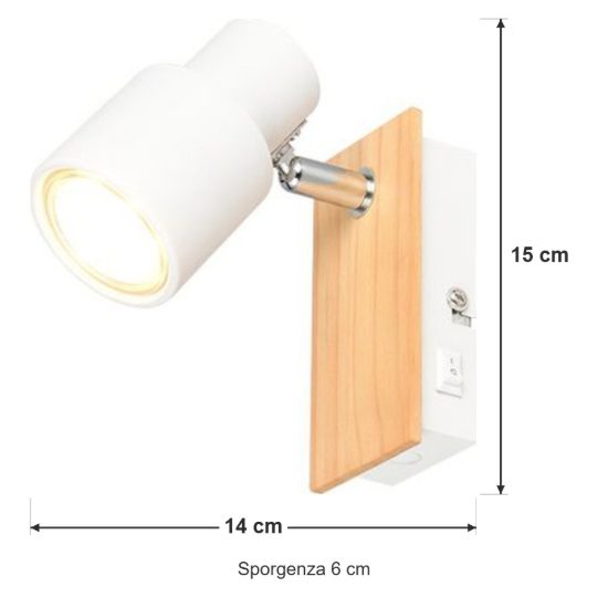 Applique per comodino camera da letto orientabile bianca opaca legno naturale con interruttore