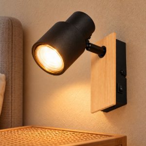 Applique per comodino camera da letto orientabile nera opaca legno naturale con interruttore