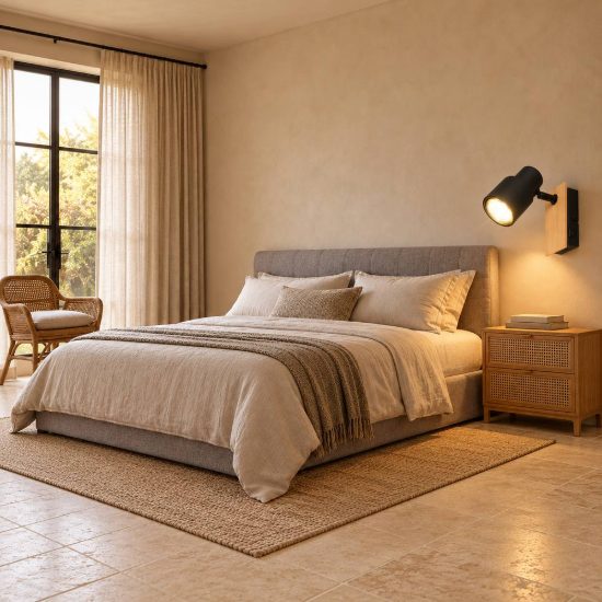 Applique per comodino camera da letto orientabile nera opaca legno naturale con interruttore