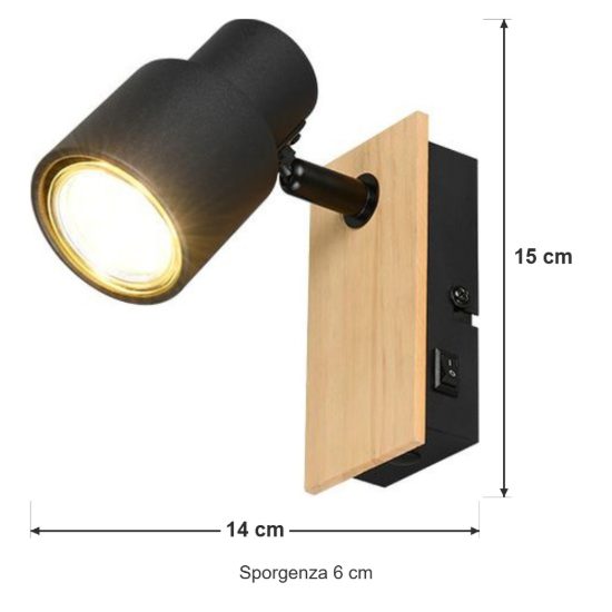 Applique per comodino camera da letto orientabile nera opaca legno naturale con interruttore