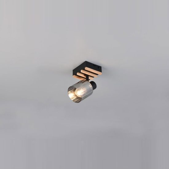 Applique per comodino camera da letto orientabile nera con legno naturale vetro fume interruttore
