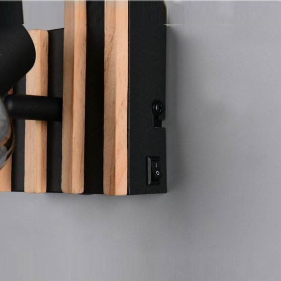 Applique per comodino camera da letto orientabile nera con legno naturale vetro fume interruttore