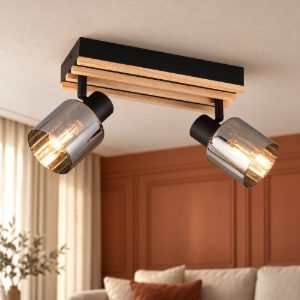 Plafoniera con 2 faretti orientabili moderna nera con legno naturale vetri fume