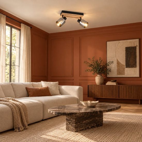 Plafoniera con 2 faretti orientabili moderna nera con legno naturale vetri fume