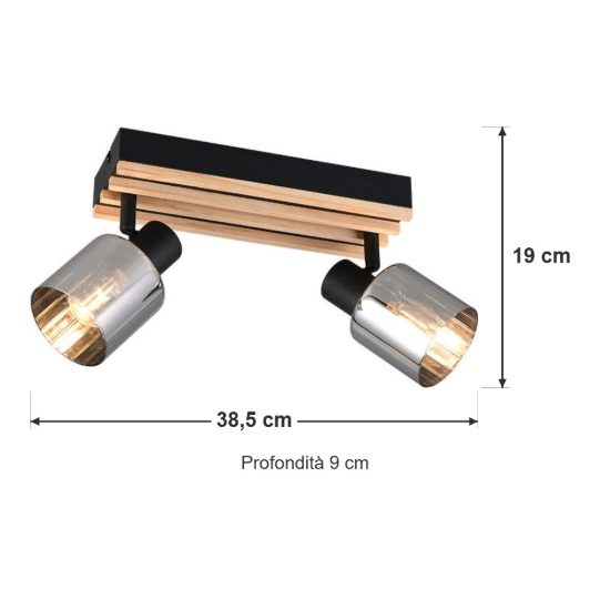 Plafoniera con 2 faretti orientabili moderna nera con legno naturale vetri fume