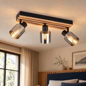 Plafoniera con 3 faretti orientabili moderna nera con legno naturale vetri fume