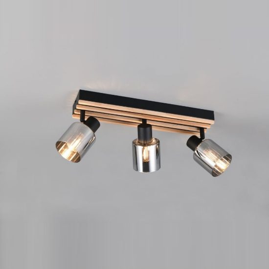 Plafoniera con 3 faretti orientabili moderna nera con legno naturale vetri fume