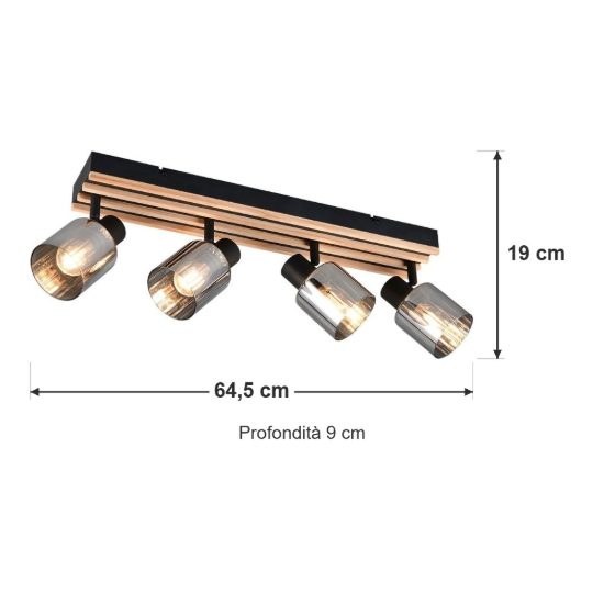 Plafoniera con 4 faretti orientabili moderna nera con legno naturale vetri fume