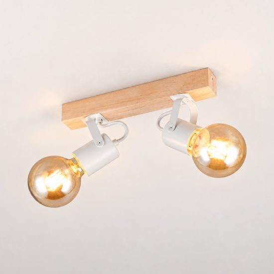 Plafoniera con 2 faretti orientabili moderna in metallo bianco con base in legno naturale