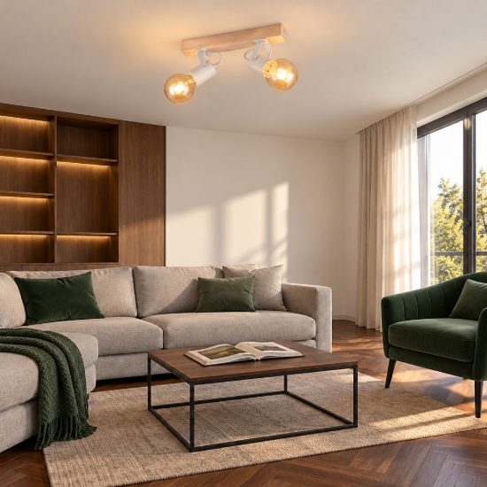 Plafoniera con 2 faretti orientabili moderna in metallo bianco con base in legno naturale