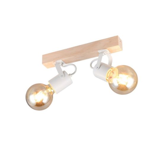 Plafoniera con 2 faretti orientabili moderna in metallo bianco con base in legno naturale