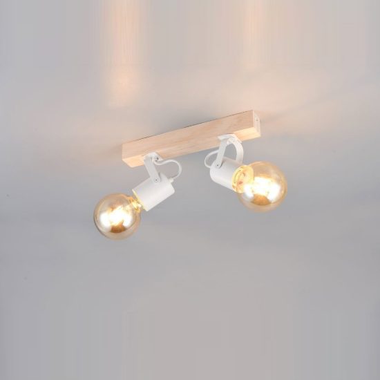 Plafoniera con 2 faretti orientabili moderna in metallo bianco con base in legno naturale