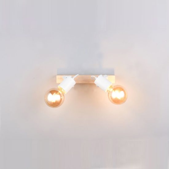 Plafoniera con 2 faretti orientabili moderna in metallo bianco con base in legno naturale