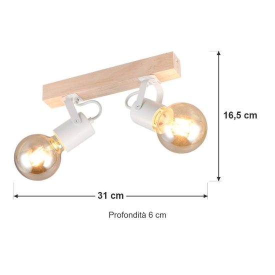 Plafoniera con 2 faretti orientabili moderna in metallo bianco con base in legno naturale
