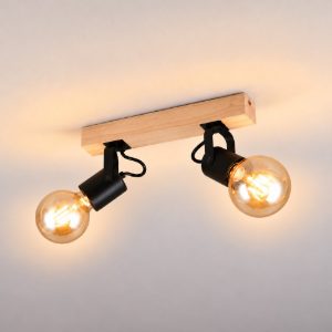 Plafoniera con 2 faretti orientabili moderna in metallo nero con base in legno naturale