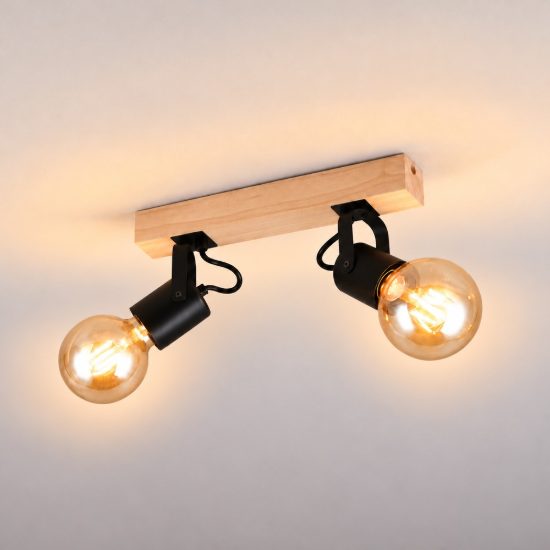 Plafoniera con 2 faretti orientabili moderna in metallo nero con base in legno naturale