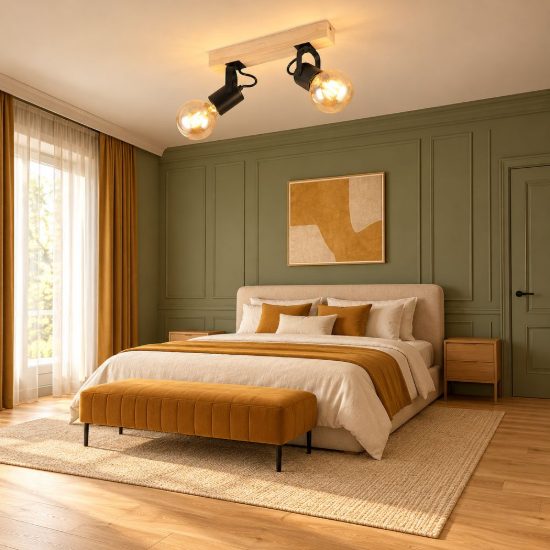 Plafoniera con 2 faretti orientabili moderna in metallo nero con base in legno naturale