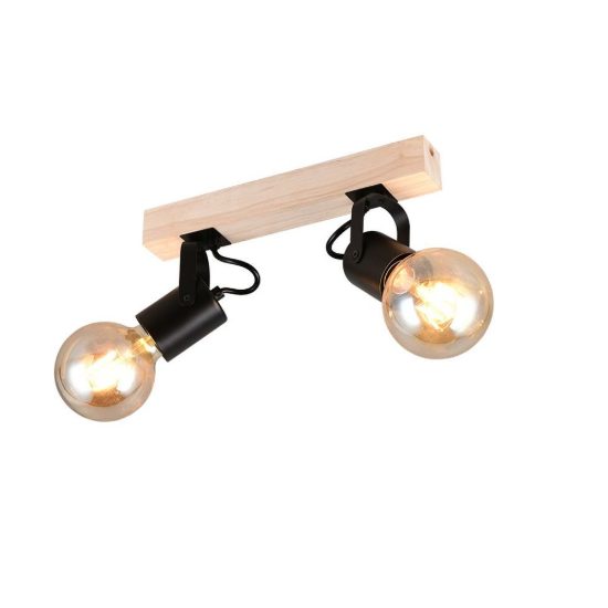 Plafoniera con 2 faretti orientabili moderna in metallo nero con base in legno naturale
