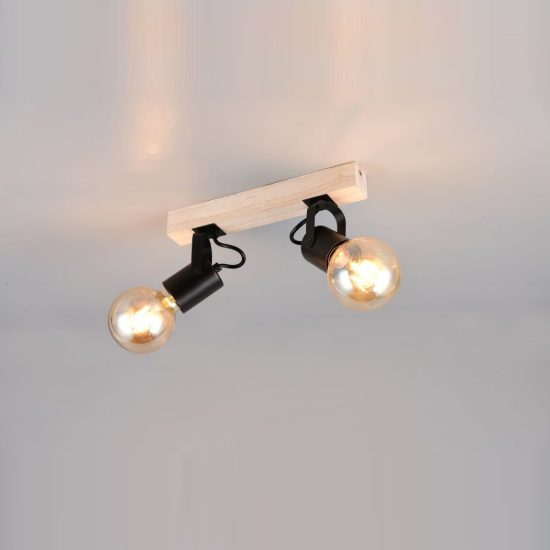 Plafoniera con 2 faretti orientabili moderna in metallo nero con base in legno naturale