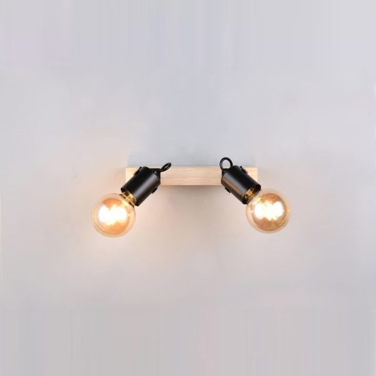 Plafoniera con 2 faretti orientabili moderna in metallo nero con base in legno naturale