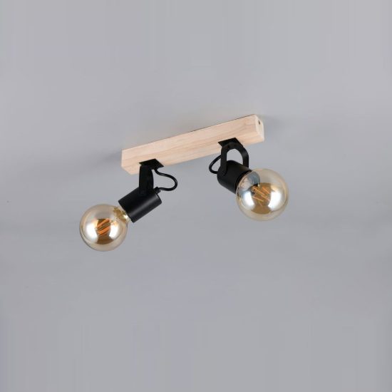Plafoniera con 2 faretti orientabili moderna in metallo nero con base in legno naturale