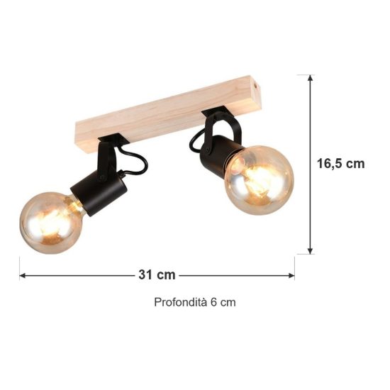 Plafoniera con 2 faretti orientabili moderna in metallo nero con base in legno naturale