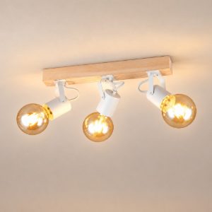Plafoniera con 3 faretti orientabili moderna in metallo bianco con base in legno naturale