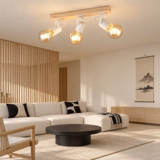 Plafoniera con 3 faretti orientabili moderna in metallo bianco con base in legno naturale