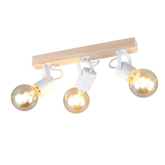 Plafoniera con 3 faretti orientabili moderna in metallo bianco con base in legno naturale