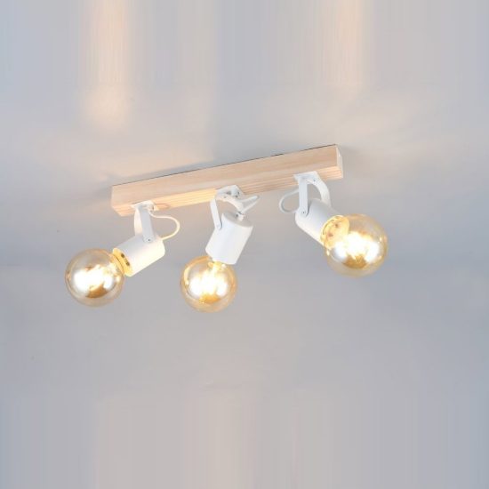 Plafoniera con 3 faretti orientabili moderna in metallo bianco con base in legno naturale
