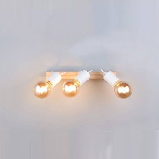 Plafoniera con 3 faretti orientabili moderna in metallo bianco con base in legno naturale